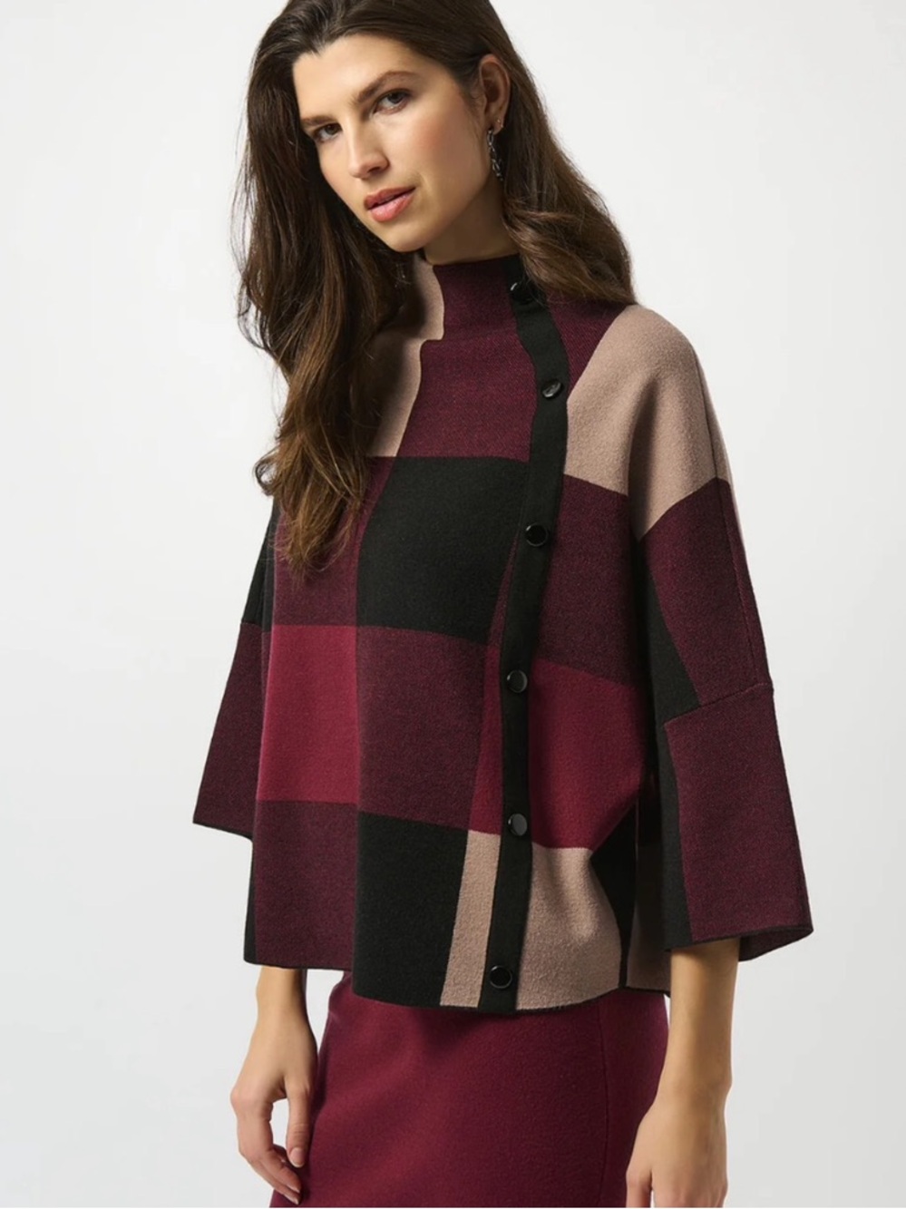 NWT Joseph Ribkoff Plaid Jacquard Sweater Knit Top Merlot Medium Style 243948